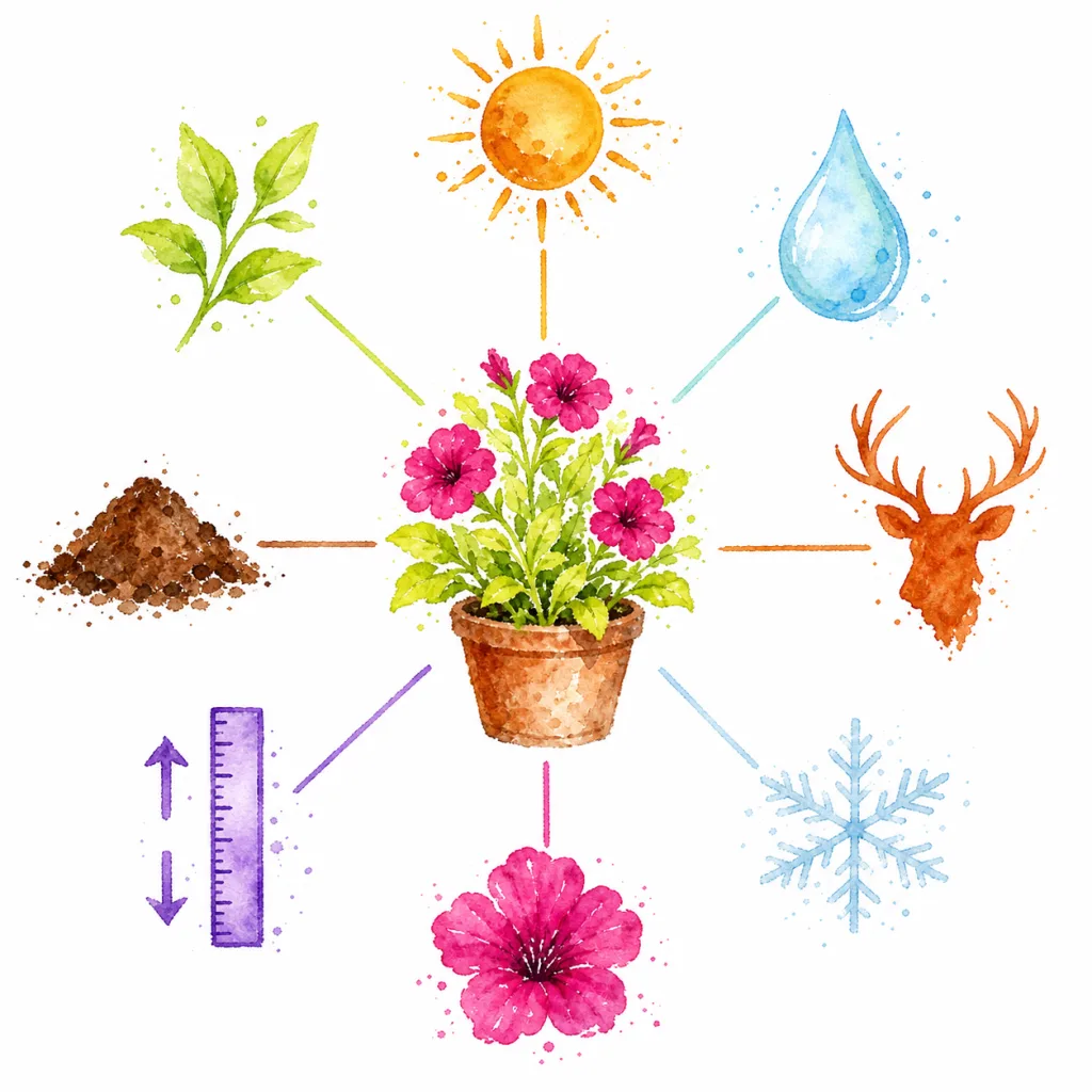 Watercolor diagram: a potted plant ringed by sun, water, deer, frost, bloom, size, soil and foliage symbols, each connected to the plant