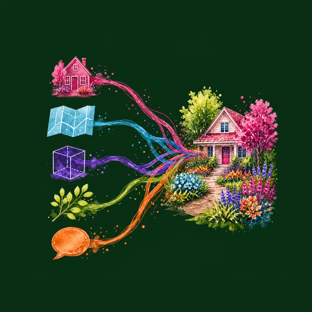 Watercolor diagram: streams from a house photo, map, 3D scan, plant sprig and speech bubble braid together into one painted front yard