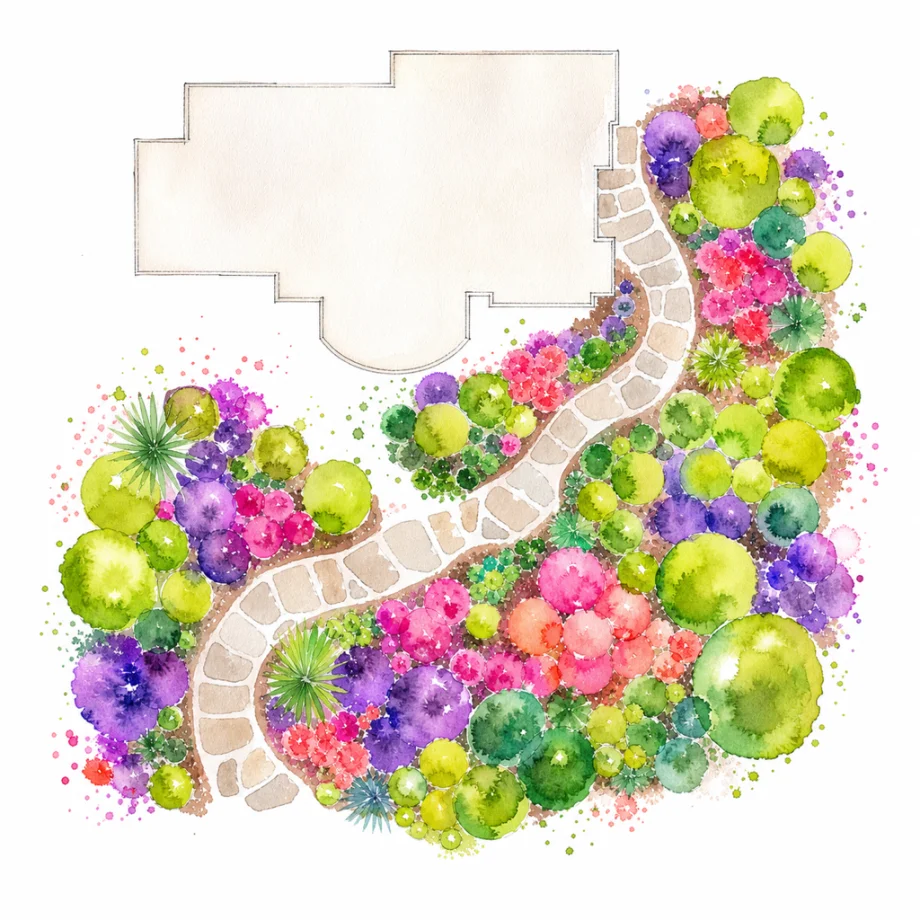 Watercolor illustration of a top-down planting plan