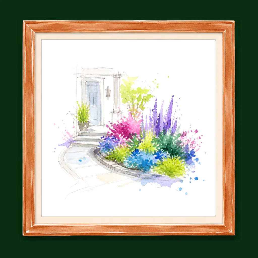 Loose watercolor concept sketch of a front yard, hung in a copper picture frame