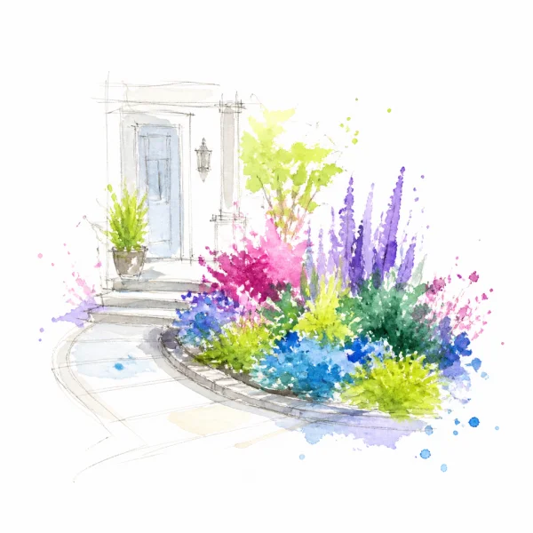 Loose watercolor concept sketch of a front garden bed