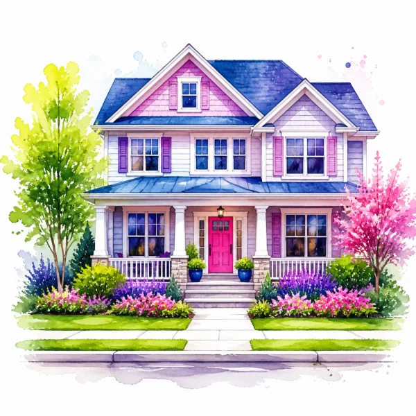 Watercolor of a house seen from the street curb