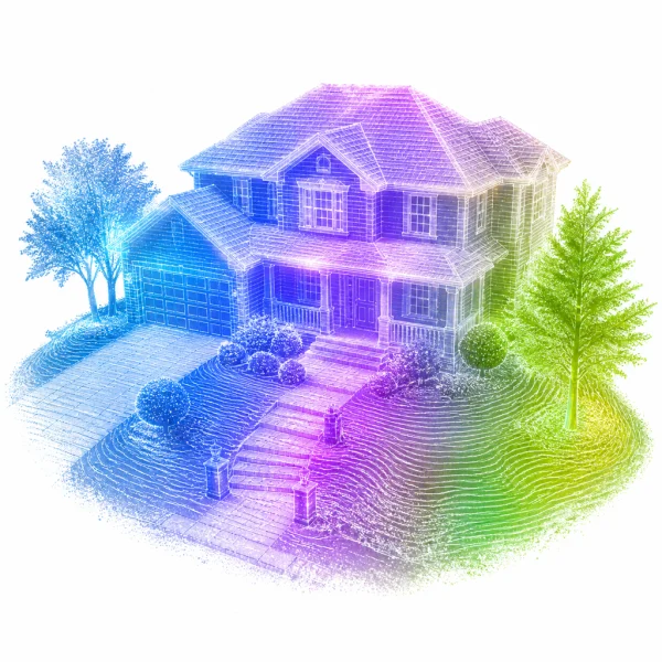 A house rendered as a colorful 3D scan mesh